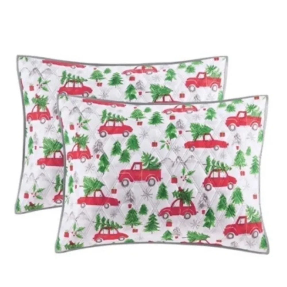 Martha Stewart King Reversible Christmas Truck Quilt w/tote+ shams NEW